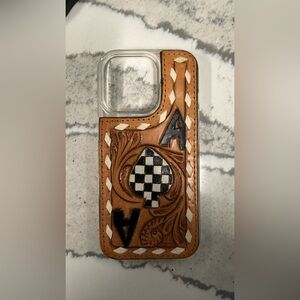 iPhone 16 pro - Hand-Tooled Leather Phone Case - Tan with Black & White Accent